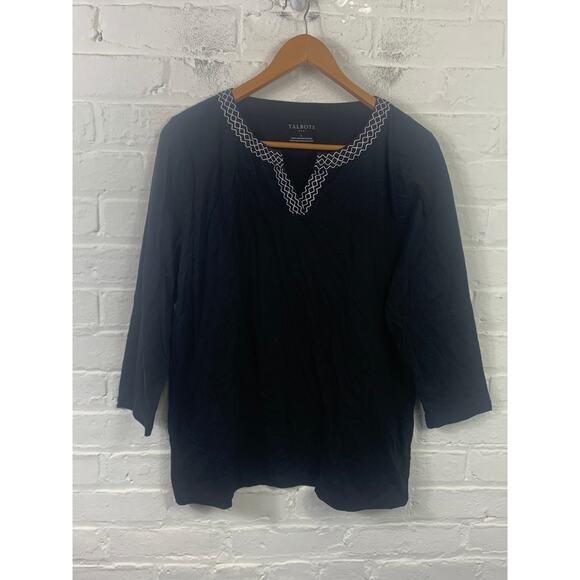 Talbots Women's Tunic Top White Zig Zag Trim Cotton Split Neck Black Size L - Picture 1 of 4